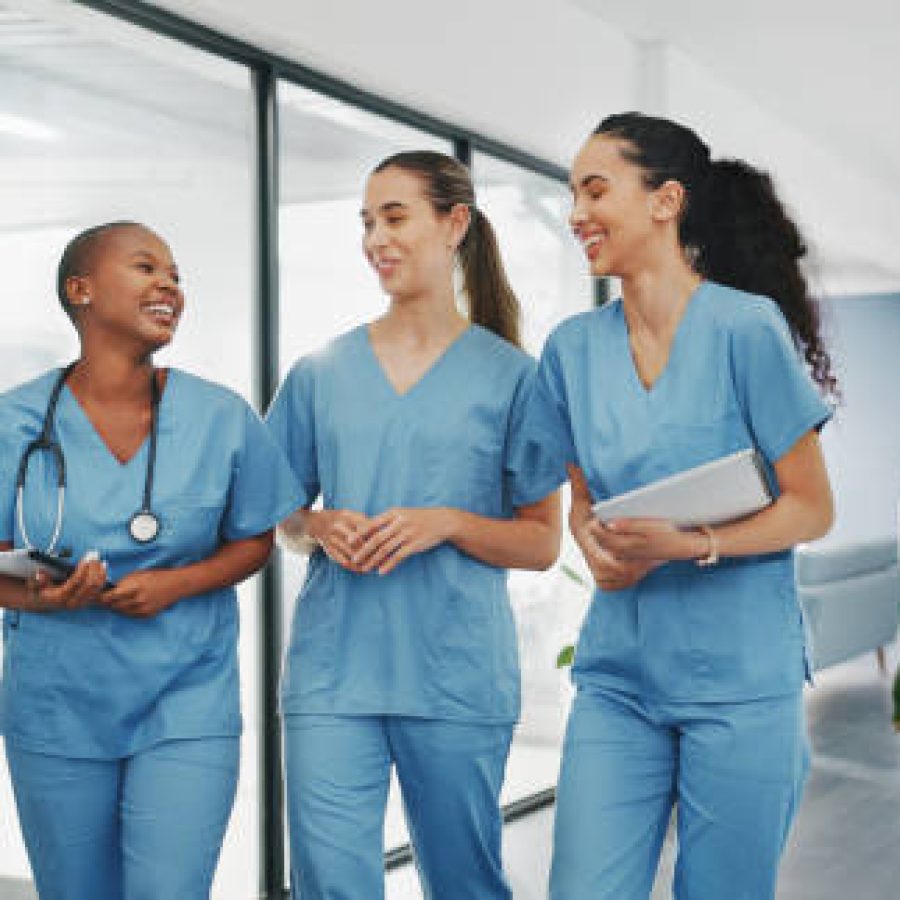 Talking nurses, walking and documents in hospital teamwork, diversity collaboration or bonding on surgery or clinic break. Smile, happy and healthcare women with medical research, paper or funny joke